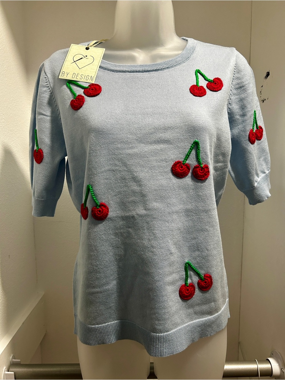 By Design short sleeve crochet cherry sweater. L